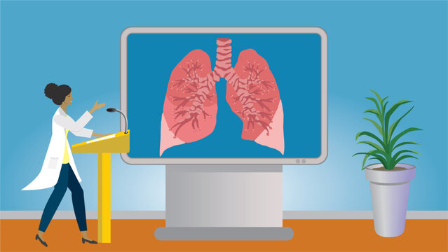 Woman in lecture about lungs, pulmonis, pulmonar diseases. Gesturing and standing in front of big modern screen for education. Dimension 16:9. Vector illustration.