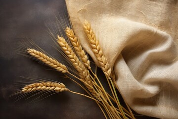 barley and wheat ears on a burlap background - obrazy, fototapety, plakaty