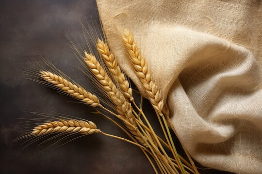barley and wheat ears on a burlap background