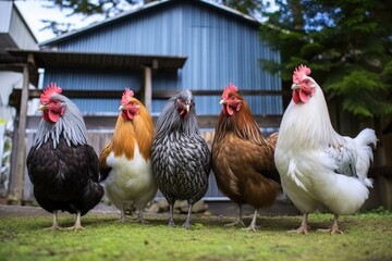 various breeds of chickens roaming in backyard - obrazy, fototapety, plakaty