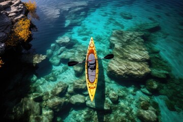 top view of a kayak on crystal clear waters
