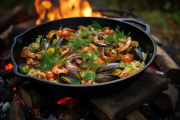 close-up of seafood pasta in a cast iron skillet over campfire