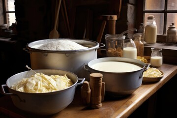 cheese making process with curds and whey in bowls