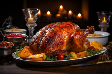 Cooked Traditional American chicken on the table for the holiday. Created using Generative AI