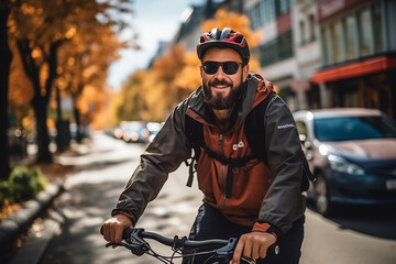 Fototapeta na wymiar A male cyclist in the city in a helmet. Created using Generative AI