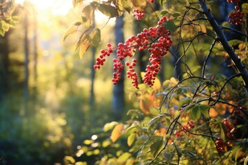 wild berries on a bush, sunlit forest background