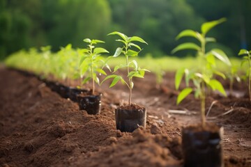 saplings planted in a row, symbolizing reforestation