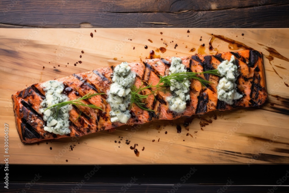 Poster top view of cedar plank with grill marks and blue cheese