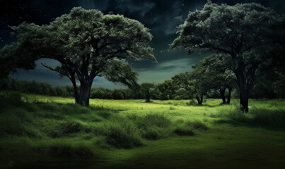 A beautiful view of countryside landscape with green grass and old trees. Nature design theme.