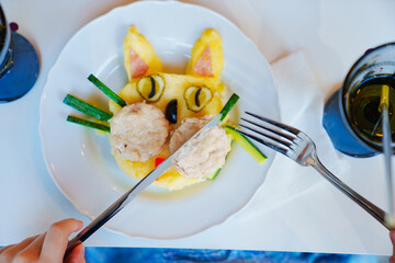 A dish of mashed potatoes and cutlets for children in the shape of a cat.