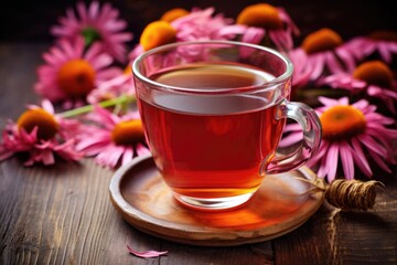 echinacea flowers with a cup of brewed immune-boosting tea - obrazy, fototapety, plakaty