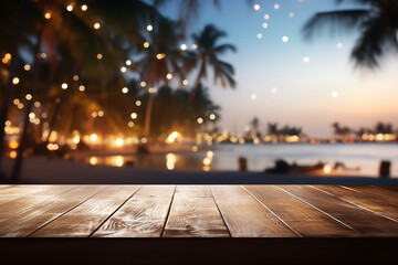 Obraz premium wood table top on blur beach party night background AI Generative