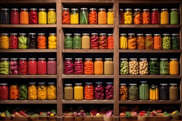 Fototapeta na wymiar rows of colorful canned fruits and vegetables on wooden shelves