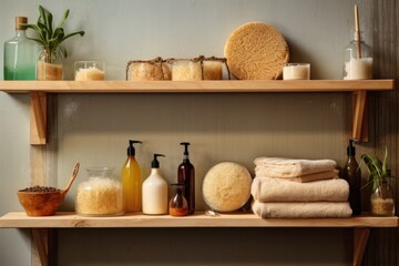 eco-friendly bath products and loofah on a shelf