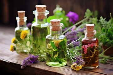 Obraz na płótnie Canvas essential oil bottles with fresh herbs and flowers