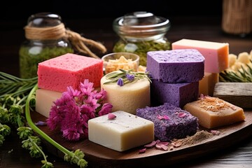 different types of organic soaps and bath sponges