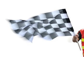 Checkered race flag in hand against white background