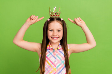 Photo of cheerful charming girl wear trendy clothes two arm pointing herself precious crown...