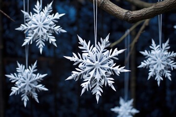 handmade paper snowflakes hanging from a branch