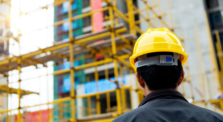 Rear view of builder inspector at construction site