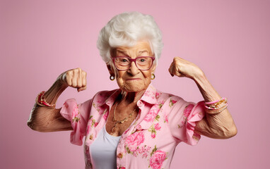 Elderly funny and joyful woman shows her biceps - 630005795