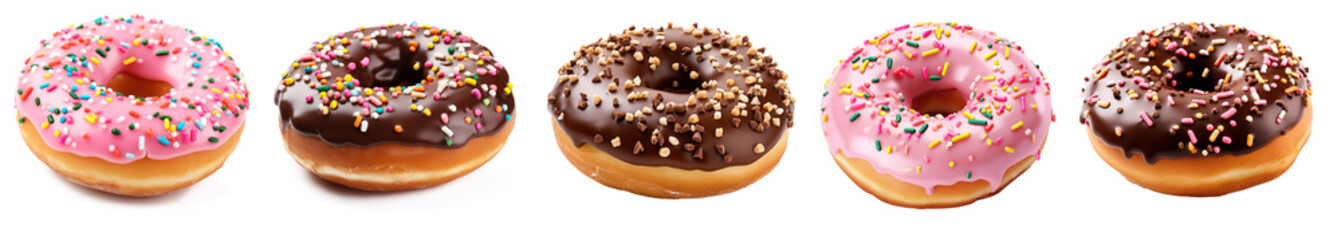 Fototapeta premium Set of donuts isolated on transparent. Different types of donuts: with chocolate, pink, with icing on transparent background