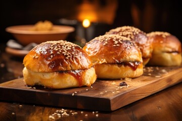 freshly baked burger buns on a wooden board