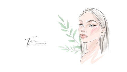 Beautiful young woman with makeup, hand drawn in vector format.