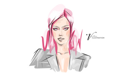 Beautiful young woman with makeup, hand drawn in vector format.