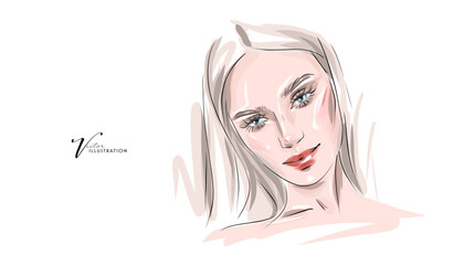 Beautiful young woman with makeup, hand drawn in vector format.