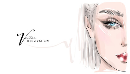 Beautiful young woman with makeup, hand drawn in vector format.