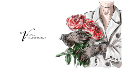 Female hands in gloves hold roses, hand-drawn in vector format. 