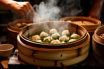 steaming process of dim sum in a traditional bamboo steamer