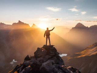 A person standing at the top of a mountain facing the sunlight, symbolizing success, perseverance, and courage