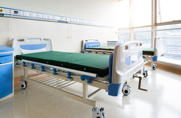 Interior of empty hospital room with two bed
