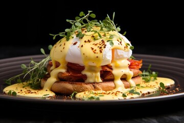 eggs benedict garnished with chives and paprika