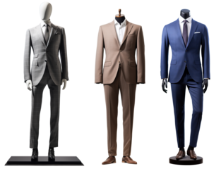 business dark grey, beige and blue suite on mannequin isolated on transparent background