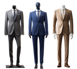 business dark grey, beige and blue suite on mannequin isolated on transparent background