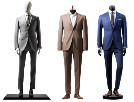 business dark grey, beige and blue suite on mannequin isolated on transparent background