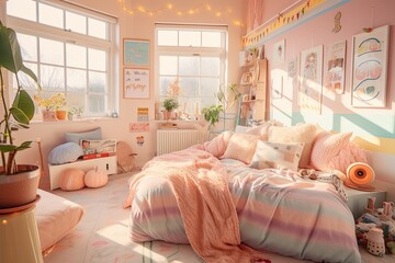 Vibrant pastel girly bedroom, living space, cozy couch, pastel pillows and colorful art at the walls. Creating modern interior. Generative AI.