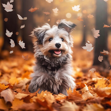 portrait of cute funny gray fluffy dog sitting among the autumn leaves in the park walking dog generative ai