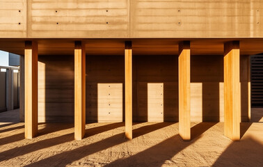 Building under construction, wooden wall, concrete, golden light, abstract minimalism style