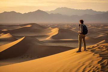 Man in the desert stands with his back
