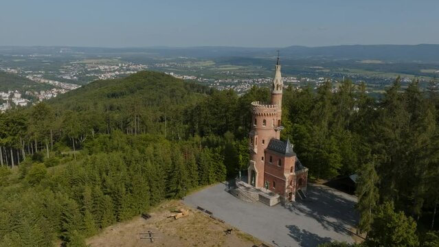 Aerial view of Goethe's Lookout Tower on Karlovy Vary (Carlsbad) hilltop, Czech Republic.