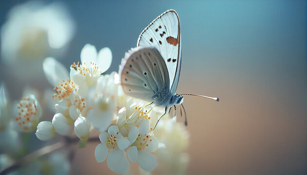 Beautiful white butterfly on white flower buds on a soft blurred blue background spring or summer in nature. Gentle romantic dreamy artistic image, beautiful round bokeh, Ai generated image
