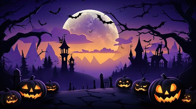 A harvest moon illuminates a field of pumpkins, a quintessential Halloween image.