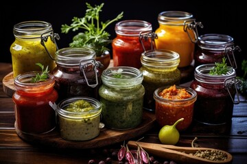 variety of homemade sauces in glass jars