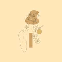 an abstract minimalistic sketch drawing of a female surrounded by flowers