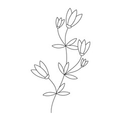 Vector contour flower icon. Hand drawn line leaves branch outline silhouette isolated. Floral drawing, graphic design, linear print, card, poster, logo, sign, symbol, botanical illustration.