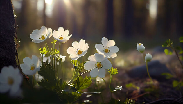 Beautiful white flowers of anemones in spring on background forest in sunlight in nature. Spring morning forest landscape with flowering primroses, soft selective focus, Ai generated image